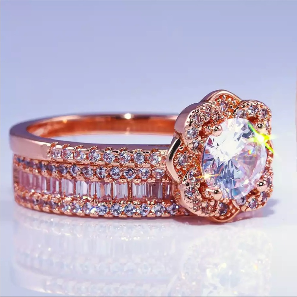 New Rose Gold Romantic 2PC Set Flower Ring - Picture 3 of 6
